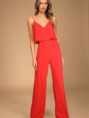 NWT LULUS Make it a Date Coral Red Sleeveless Jumpsuit ~ Size Small
